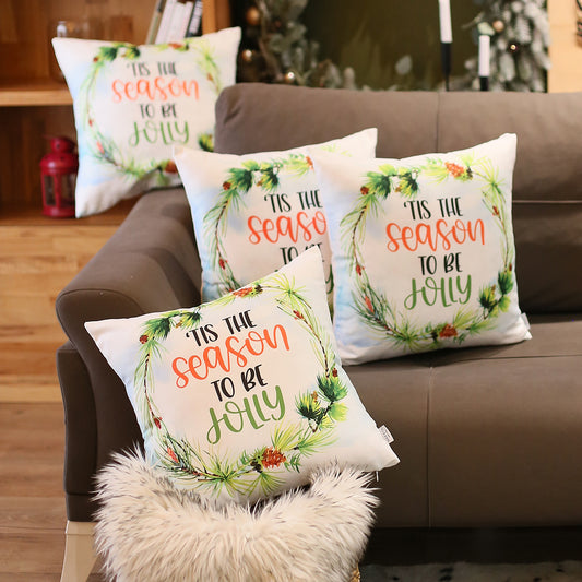 Christmas Themed Decorative Throw Pillow Set of 4 Square 18" x 18" White & Green for Couch, Bedding