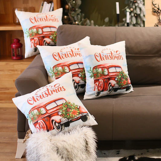 Christmas Car Decorative Throw Pillow Set of 4 Square 18" x 18" White & Red for Couch, Bedding