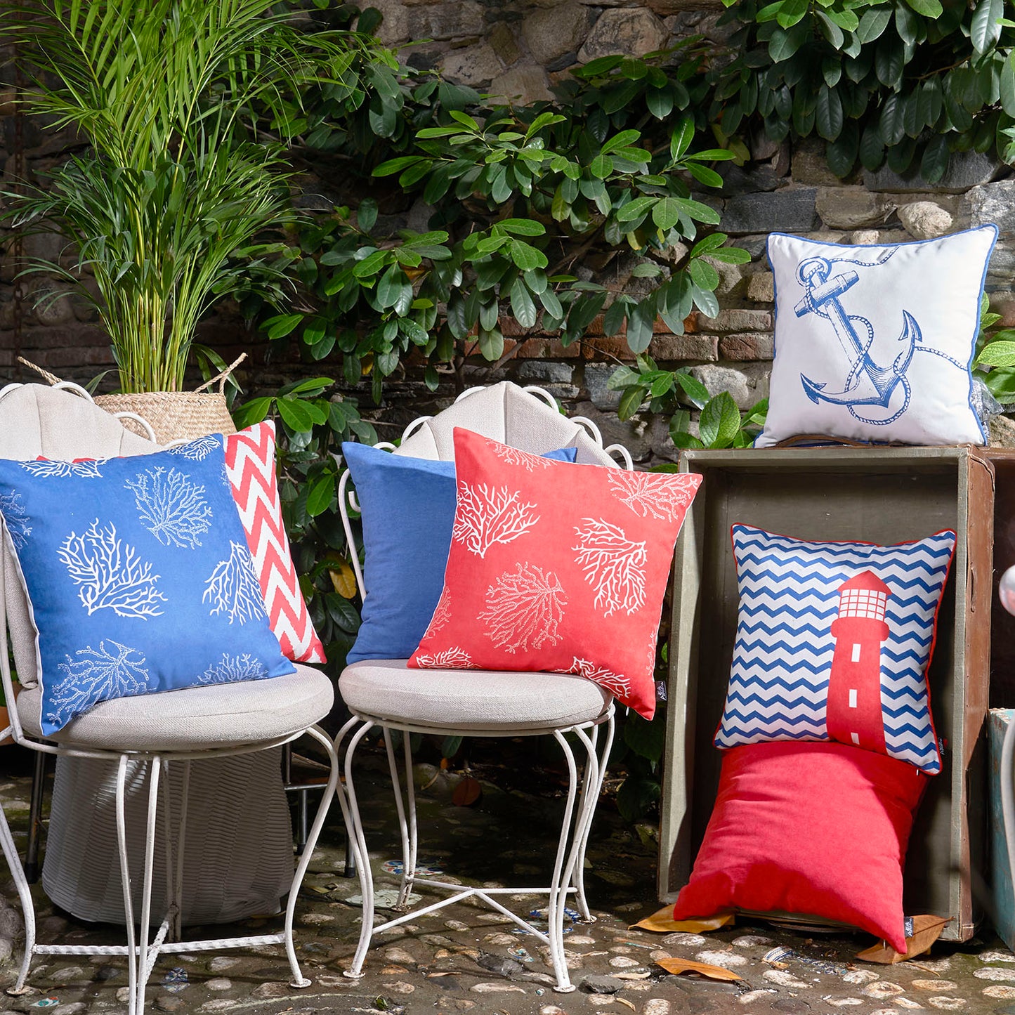 Decorative Set of 4 Nautical Coastal  Red & Blue Reef Throw Pillows 18" x 18" Square