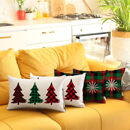 Christmas Tree & Plaid Decorative Throw Pillow Set of 4 Lumbar 12" x 20" White & Red for Couch, Bedding