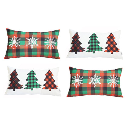 Christmas Tree & Plaid Decorative Throw Pillow Set of 4 Lumbar 12" x 20" White & Red for Couch, Bedding