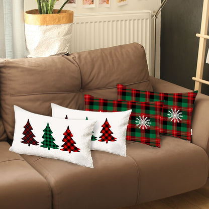 Christmas Tree & Plaid Decorative Throw Pillow Set of 4 Lumbar 12" x 20" White & Red for Couch, Bedding