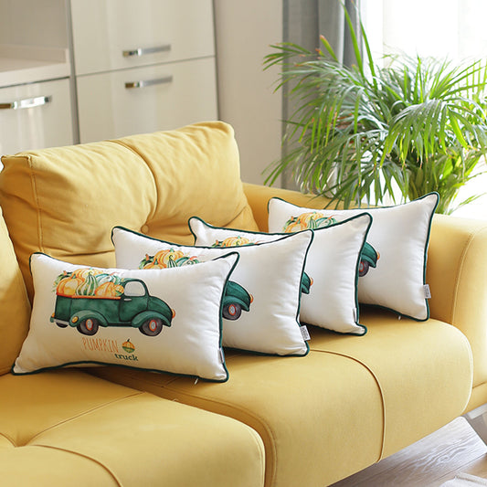 Fall Season Decorative  Throw Pillow  Set of 4 Pumpkin Truck 12" x 20" White & Green Lumbar Thanksgiving for Couch, Bedding