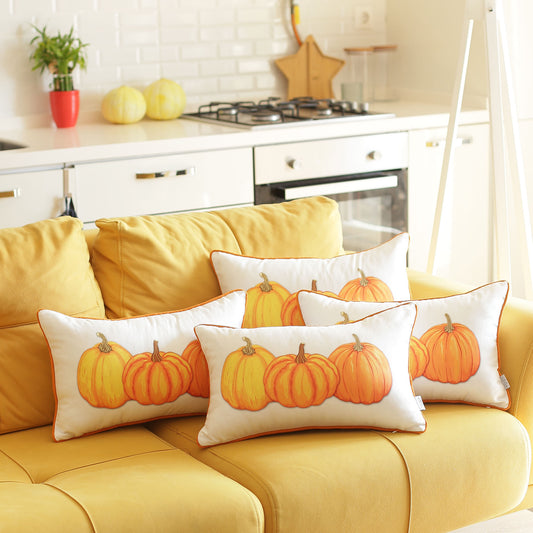 Fall Season Decorative  Throw Pillow  Set of 4 Pumpkins 12" x 20" White & Orange Lumbar Thanksgiving for Couch, Bedding