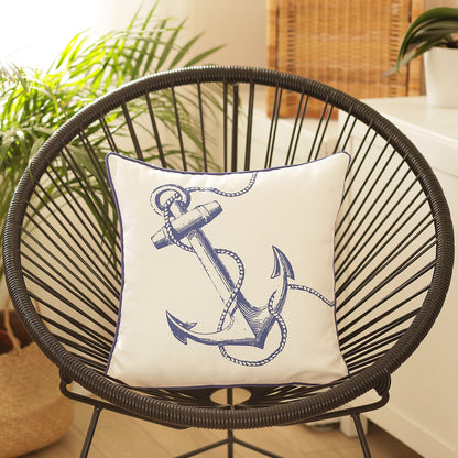 Nautical Coastal Decorative Single Throw Pillow Cover 18" x 18" Square White & Blue