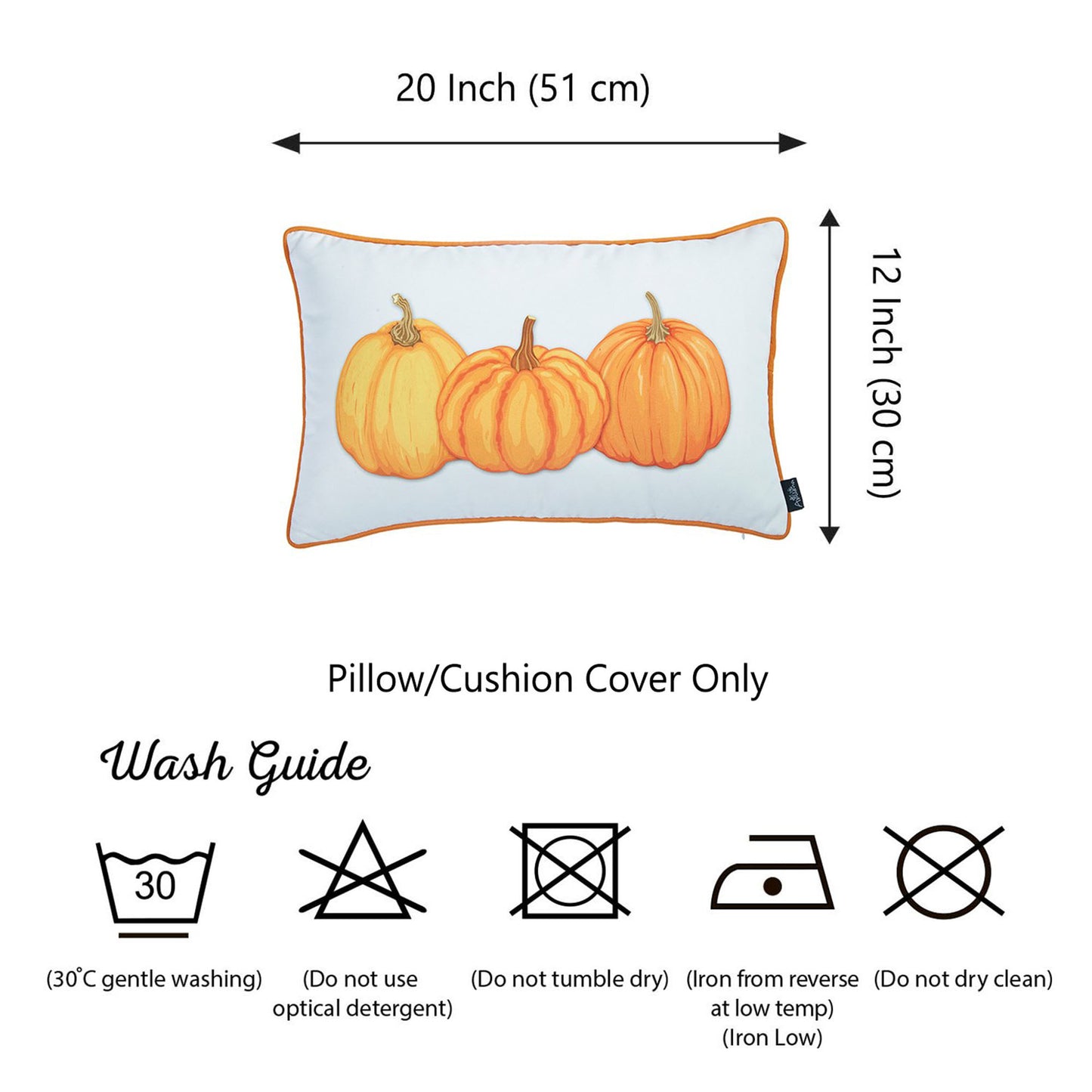 Decorative Fall Thanksgiving Single Throw Pillow Cover Pumpkins 12" x 20" White & Orange Lumbar for Couch, Bedding