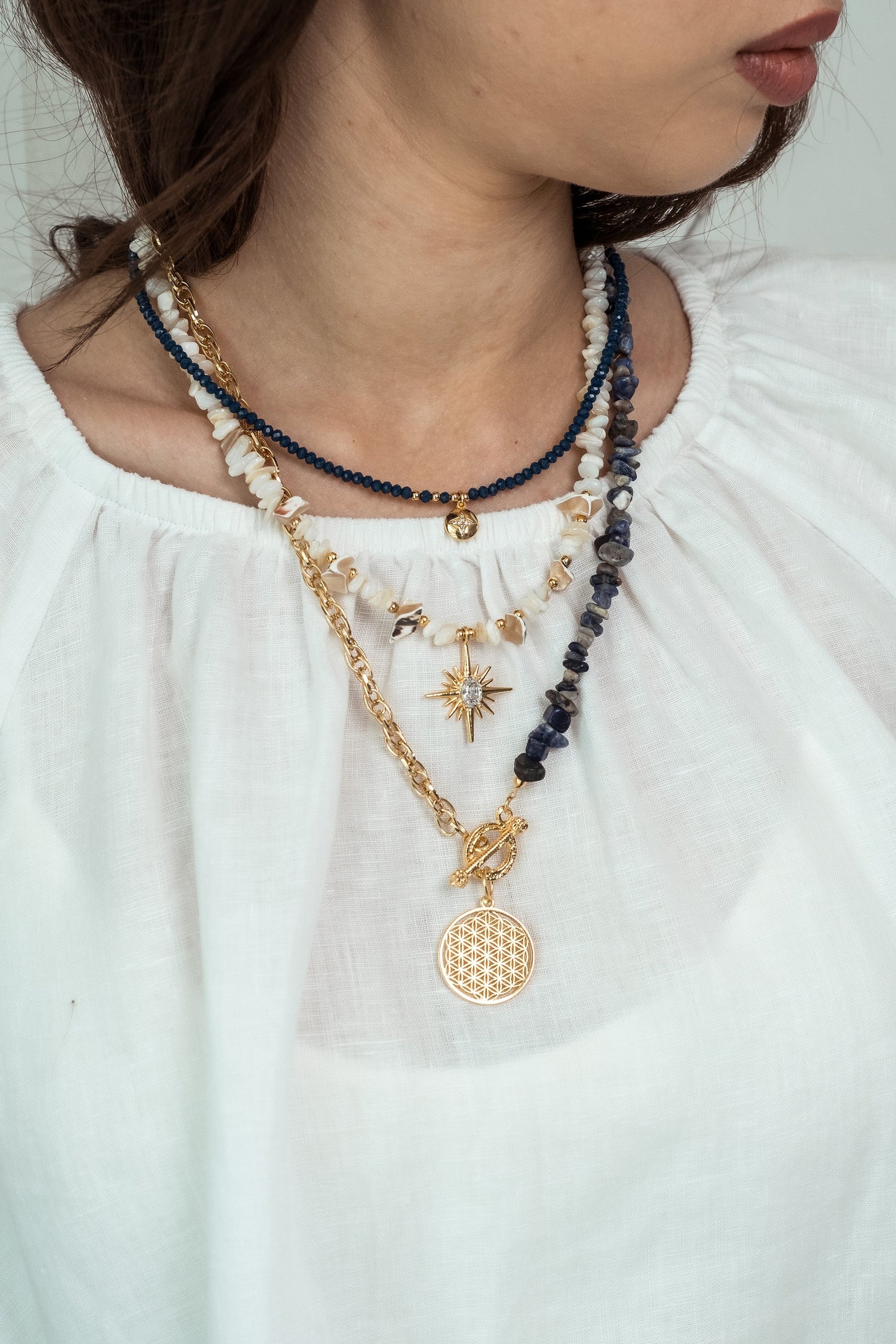 Women Gold-Plated Boho Layered Necklace Set 3Pcs, Beads with Round Pendant, Mother of Pearl with Star Pendant, Half Chain & Lapis & Round Pendant, Bohemian Style Trendy & Adjustable Fashion Jewelry