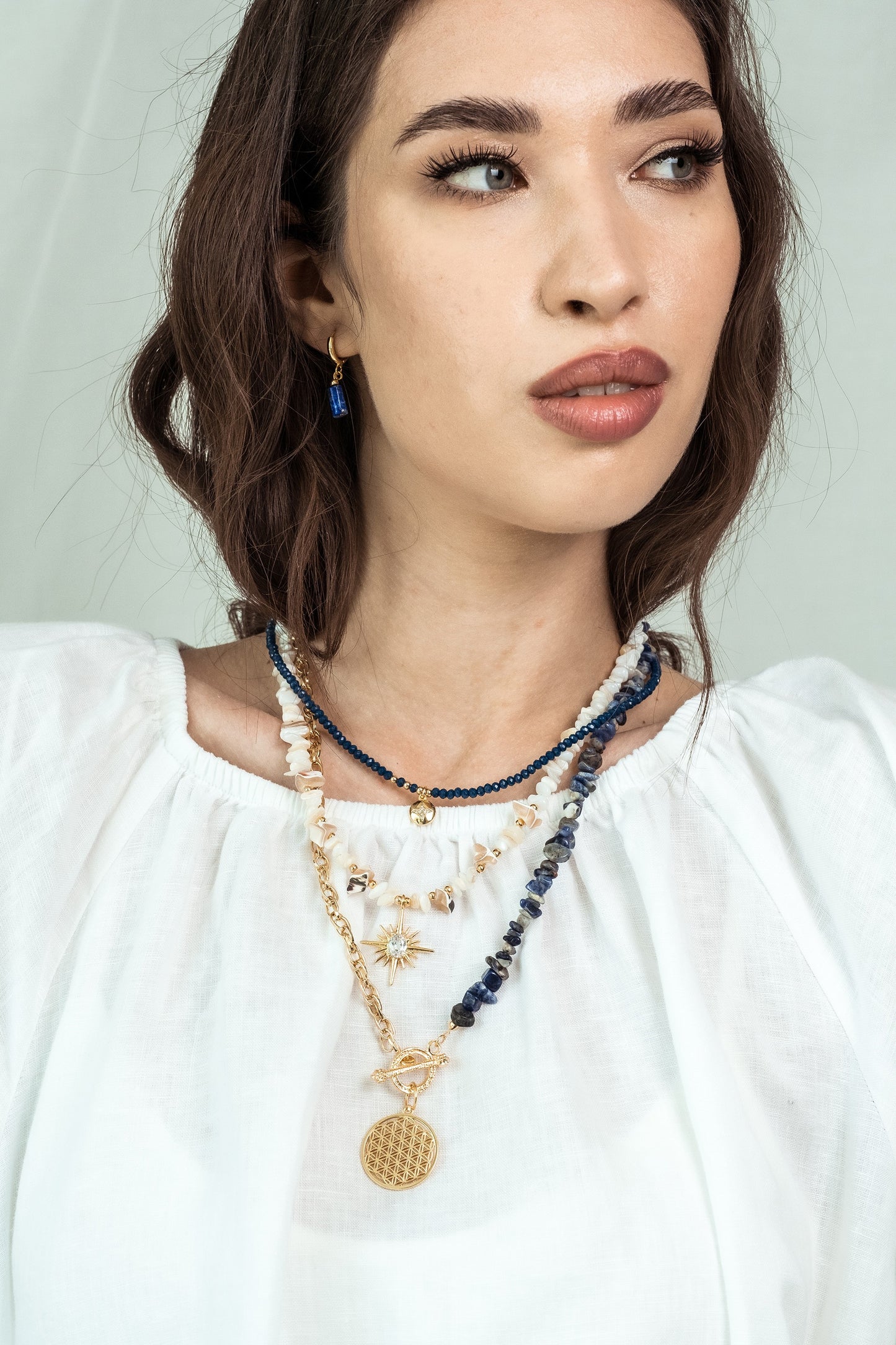 Women Gold-Plated Boho Layered Necklace Set 3Pcs, Beads with Round Pendant, Mother of Pearl with Star Pendant, Half Chain & Lapis & Round Pendant, Bohemian Style Trendy & Adjustable Fashion Jewelry