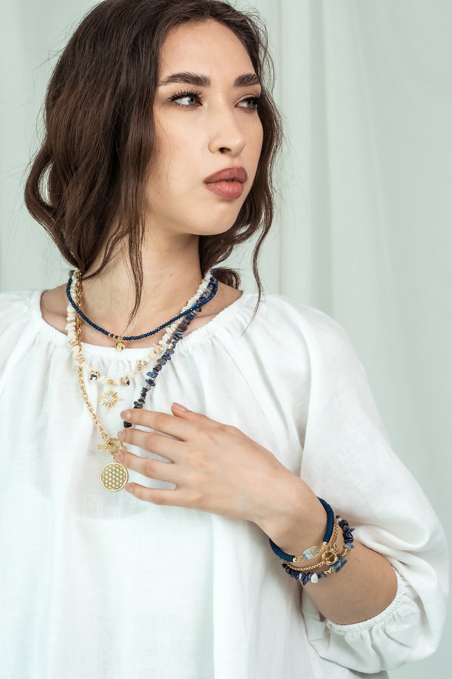 Women Gold-Plated Boho Layered Necklace Set 3Pcs, Beads with Round Pendant, Mother of Pearl with Star Pendant, Half Chain & Lapis & Round Pendant, Bohemian Style Trendy & Adjustable Fashion Jewelry