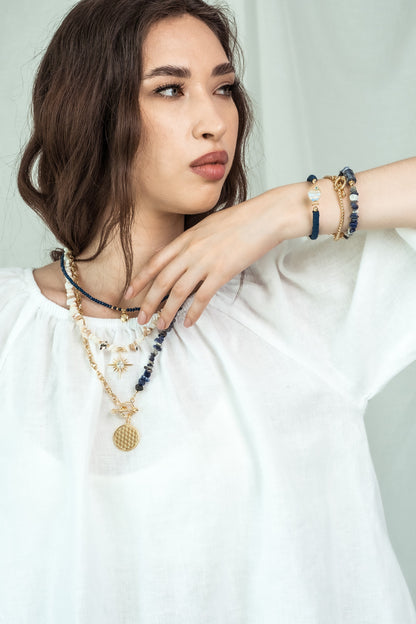 Women Gold-Plated Boho Layered Necklace Set 3Pcs, Beads with Round Pendant, Mother of Pearl with Star Pendant, Half Chain & Lapis & Round Pendant, Bohemian Style Trendy & Adjustable Fashion Jewelry