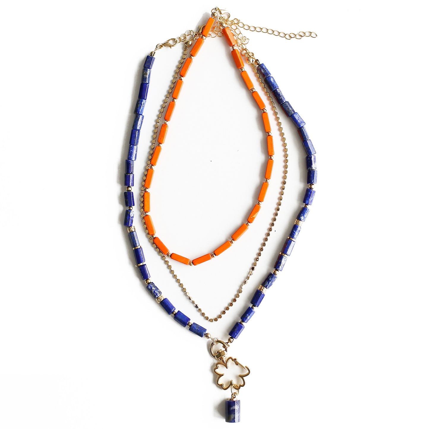 Women Gold-Plated Boho Layered Necklace Set 3Pcs, Orange Long Beads, Chain, Blue Lapis Lazuli with Flower Holder & Stone Pendant, Bohemian Style Trendy & Adjustable Elegant Fashion Jewelry