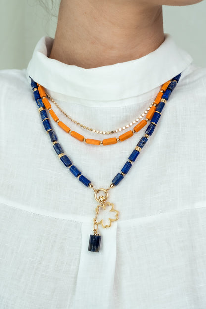 Women Gold-Plated Boho Layered Necklace Set 3Pcs, Orange Long Beads, Chain, Blue Lapis Lazuli with Flower Holder & Stone Pendant, Bohemian Style Trendy & Adjustable Elegant Fashion Jewelry