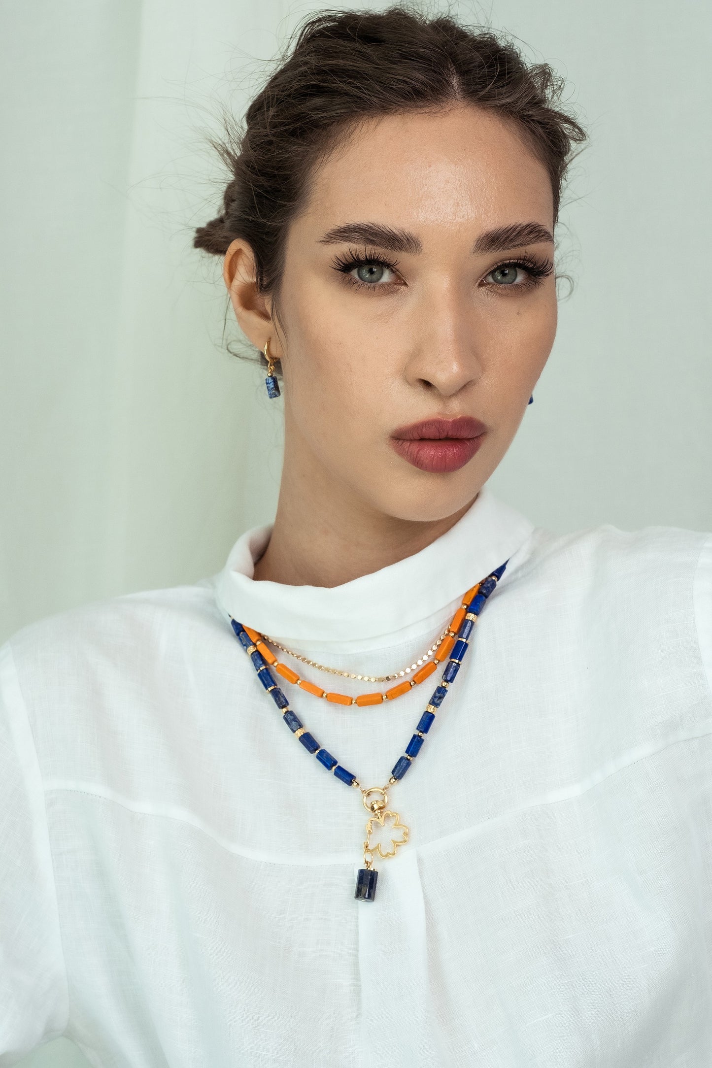 Women Gold-Plated Boho Layered Necklace Set 3Pcs, Orange Long Beads, Chain, Blue Lapis Lazuli with Flower Holder & Stone Pendant, Bohemian Style Trendy & Adjustable Elegant Fashion Jewelry