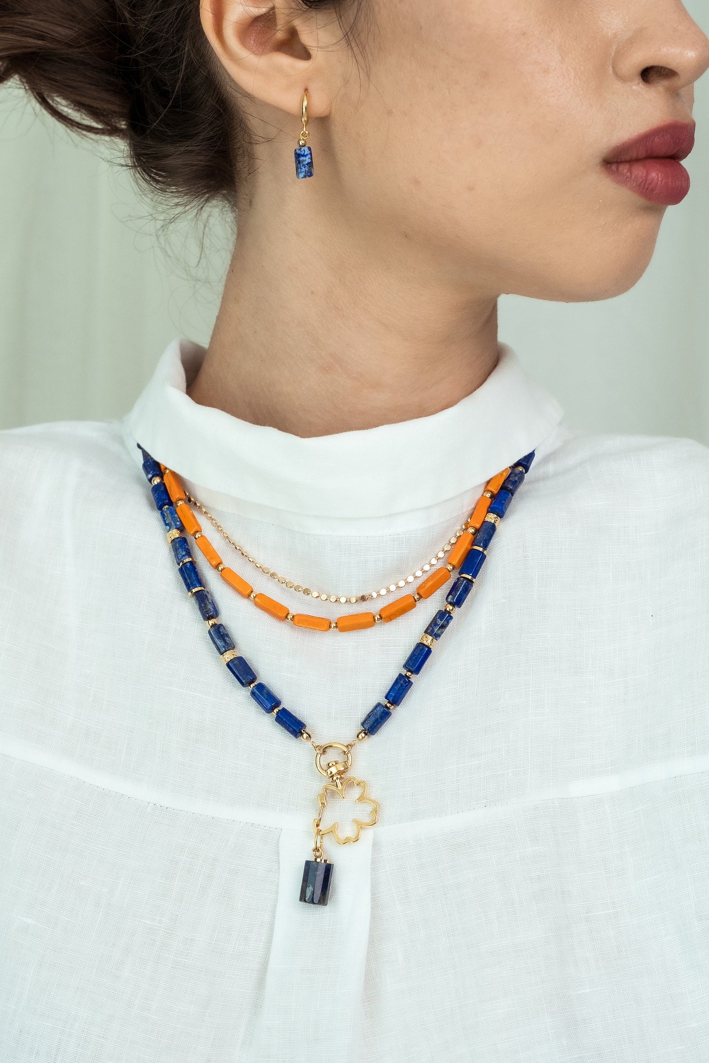 Women Gold-Plated Boho Layered Necklace Set 3Pcs, Orange Long Beads, Chain, Blue Lapis Lazuli with Flower Holder & Stone Pendant, Bohemian Style Trendy & Adjustable Elegant Fashion Jewelry