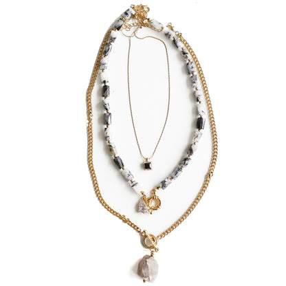 Women Gold-Plated Boho Layered Necklace Set 3Pcs, Chain with Black Square Pendant, Grey Quartz with Heart Pendant, Chain with Stone Pendant, Bohemian Style Trendy & Adjustable Elegant Fashion Jewelry
