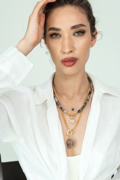 Women Gold-Plated Boho Layered Necklace Set 3Pcs, Chain with Black Square Pendant, Grey Quartz with Heart Pendant, Chain with Stone Pendant, Bohemian Style Trendy & Adjustable Elegant Fashion Jewelry