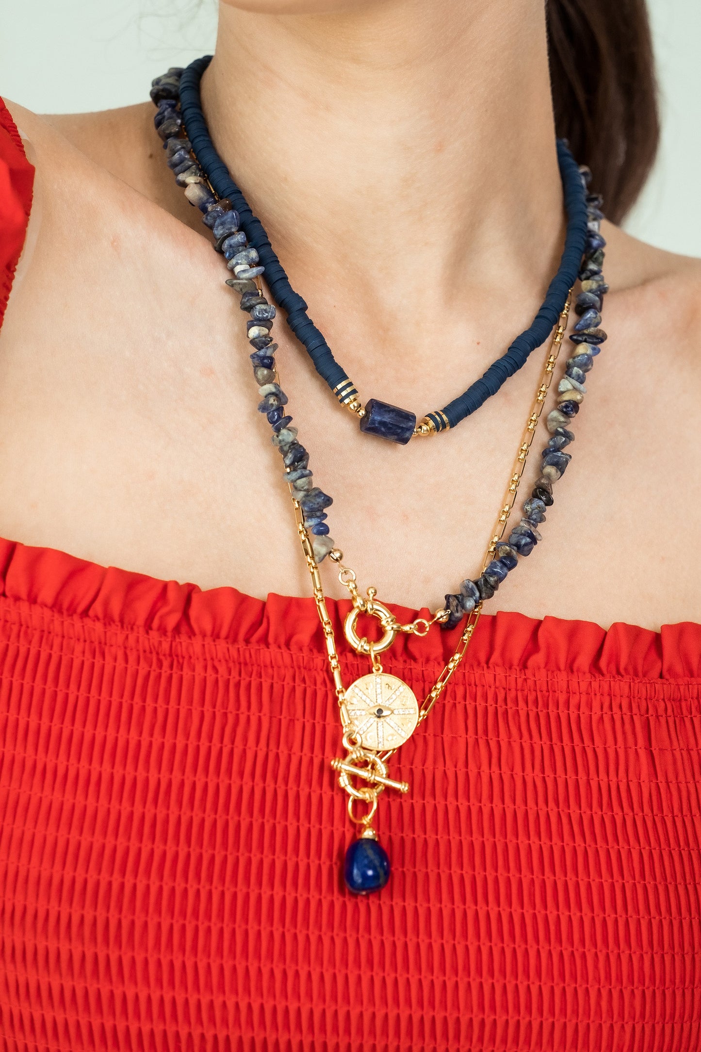 Women Gold-Plated Boho Layered Necklace Set 3Pcs, Lapis Lazuli & Blue Flat Round Beads, Chain with Stone Pendant, Lapis Lazuli with Eye Pendant, Bohemian Style Trendy & Adjustable Fashion Jewelry