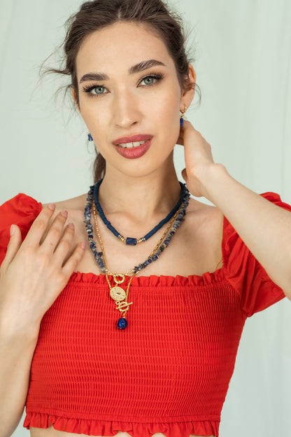 Women Gold-Plated Boho Layered Necklace Set 3Pcs, Lapis Lazuli & Blue Flat Round Beads, Chain with Stone Pendant, Lapis Lazuli with Eye Pendant, Bohemian Style Trendy & Adjustable Fashion Jewelry