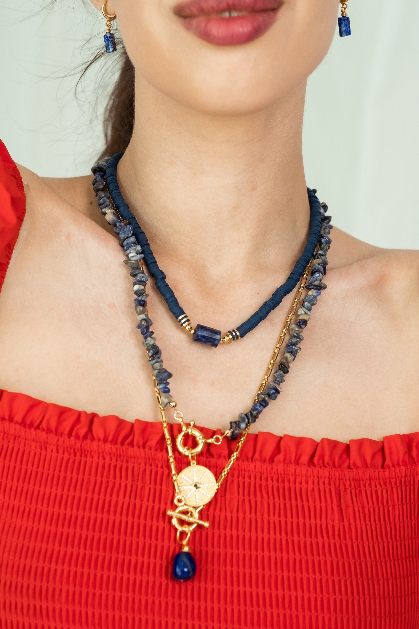 Women Gold-Plated Boho Layered Necklace Set 3Pcs, Lapis Lazuli & Blue Flat Round Beads, Chain with Stone Pendant, Lapis Lazuli with Eye Pendant, Bohemian Style Trendy & Adjustable Fashion Jewelry