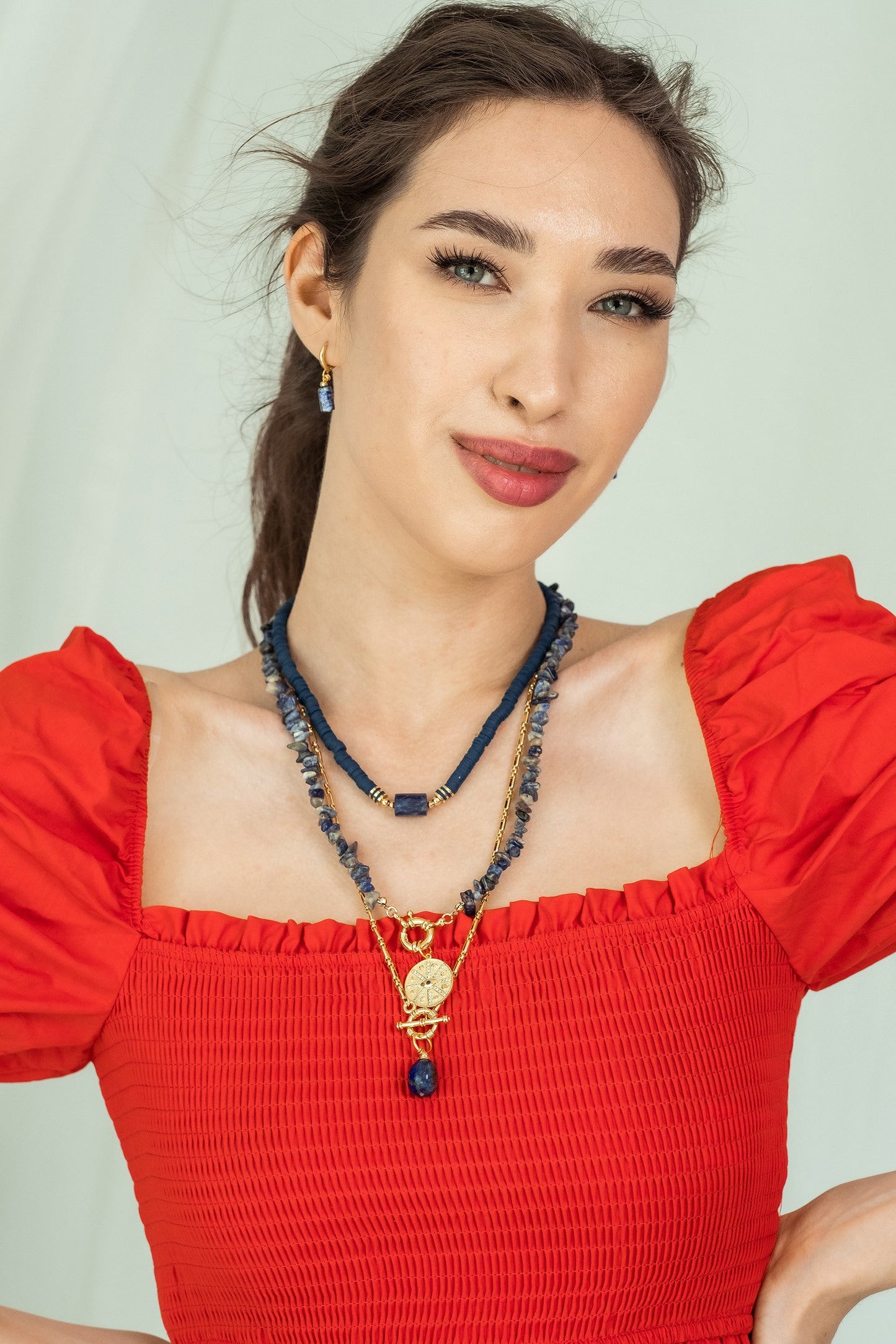 Women Gold-Plated Boho Layered Necklace Set 3Pcs, Lapis Lazuli & Blue Flat Round Beads, Chain with Stone Pendant, Lapis Lazuli with Eye Pendant, Bohemian Style Trendy & Adjustable Fashion Jewelry