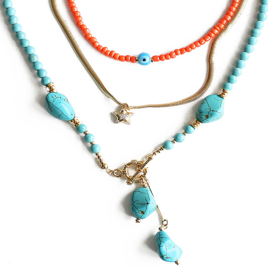 Women Gold-Plated Boho Layered Necklace Set 3Pcs, Orange Bead & Evil Eye, Snake Chain & Star Pendant, Turquoise Stone Y-Necklace & Stone Pendant, Bohemian Style Trendy & Adjustable Fashion Jewelry