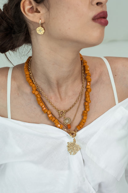 Women Gold-Plated Boho Layered Necklace Set 3Pcs, Ball Chain with Orange Bead, Chain with Round Pendant, Orange Beads with Leaf Pendant, Bohemian Style Trendy & Adjustable Elegant Fashion Jewelry