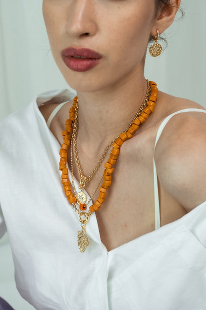 Women Gold-Plated Boho Layered Necklace Set 3Pcs, Ball Chain with Orange Bead, Chain with Round Pendant, Orange Beads with Leaf Pendant, Bohemian Style Trendy & Adjustable Elegant Fashion Jewelry