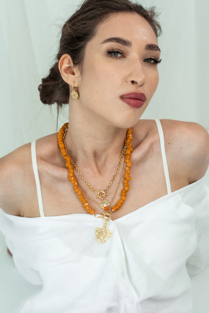 Women Gold-Plated Boho Layered Necklace Set 3Pcs, Ball Chain with Orange Bead, Chain with Round Pendant, Orange Beads with Leaf Pendant, Bohemian Style Trendy & Adjustable Elegant Fashion Jewelry