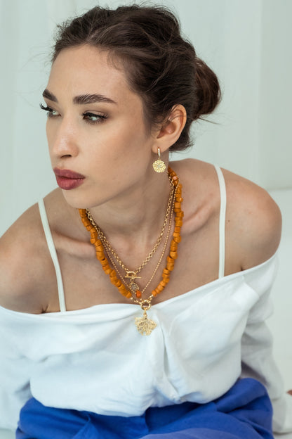 Women Gold-Plated Boho Layered Necklace Set 3Pcs, Ball Chain with Orange Bead, Chain with Round Pendant, Orange Beads with Leaf Pendant, Bohemian Style Trendy & Adjustable Elegant Fashion Jewelry