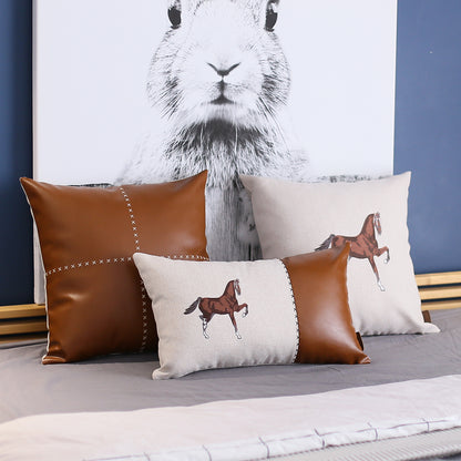 Boho Embroidered Horse Throw Pillow 18" x 18" Solid Beige & Brown Square for Couch, Bedding