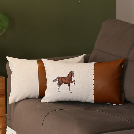 Boho Embroidered Horse Set of 2 Throw Pillow 12" x 20" Vegan Faux Leather Solid Beige & Brown Square for Couch, Bedding