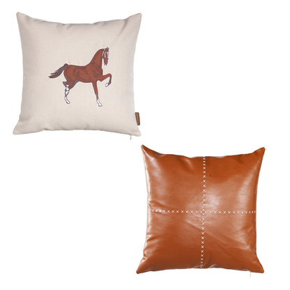 Boho Embroidered Horse Set of 2 Throw Pillow 18" x 18" Vegan Faux Leather Solid Beige & Brown Square for Couch, Bedding