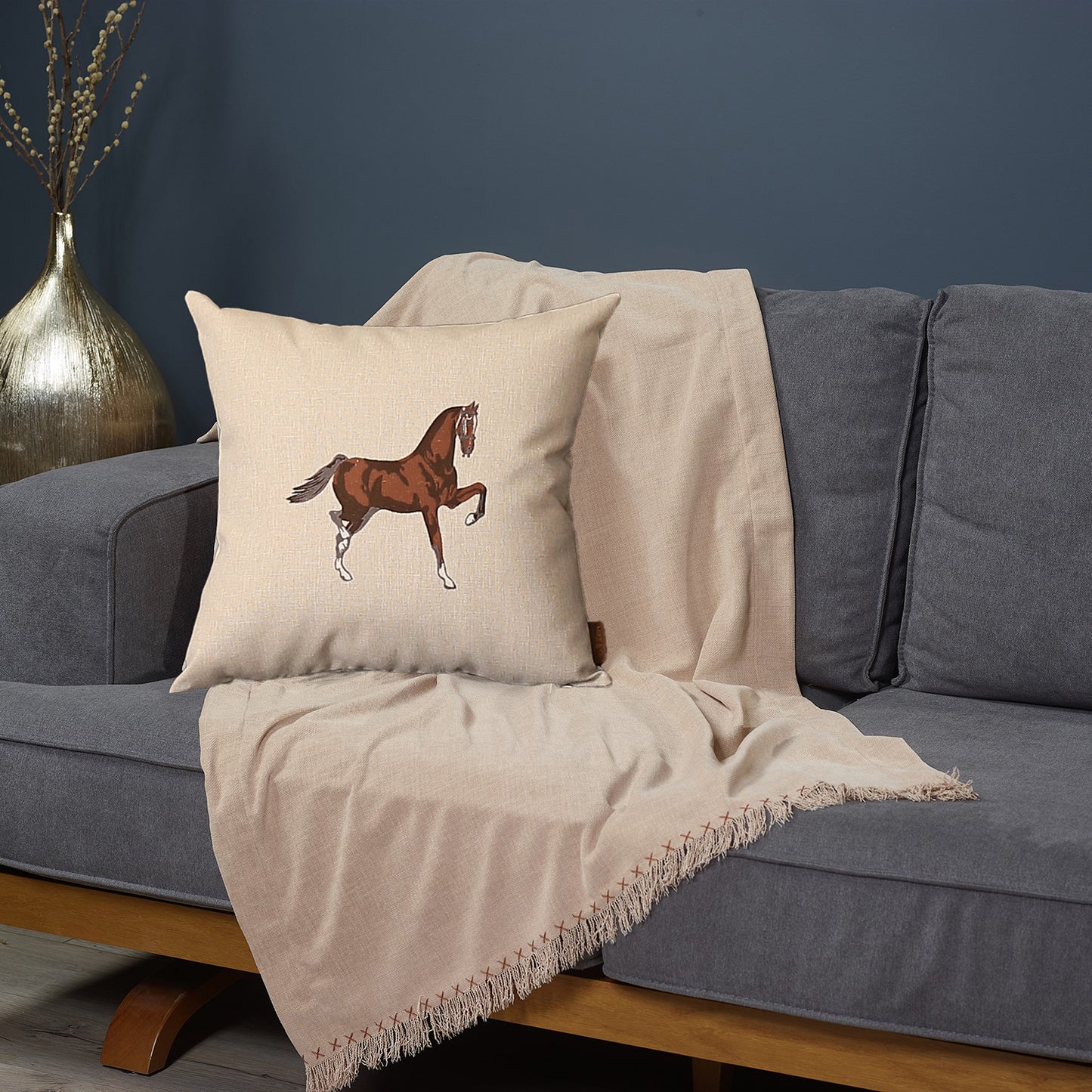 Boho Embroidered Horse Set of 2 Throw Pillow 18" x 18" Vegan Faux Leather Solid Beige & Brown Square for Couch, Bedding