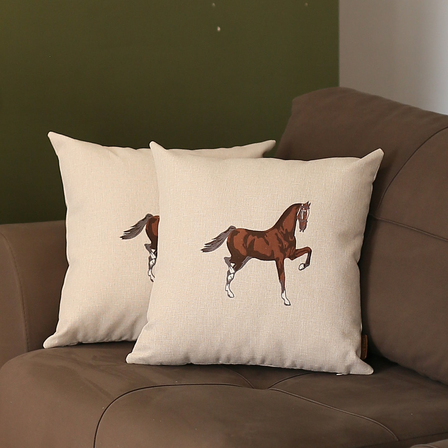 Boho Embroidered Horse Set of 2 Throw Pillow 18" x 18" Solid Beige & Brown Square for Couch, Bedding