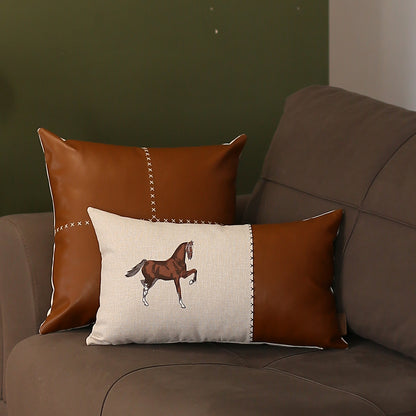 Boho Embroidered Horse Set of 2 Throw Pillow 12" x 20" & 18" x 18" Vegan Faux Leather Solid Beige & Brown for Couch, Bedding