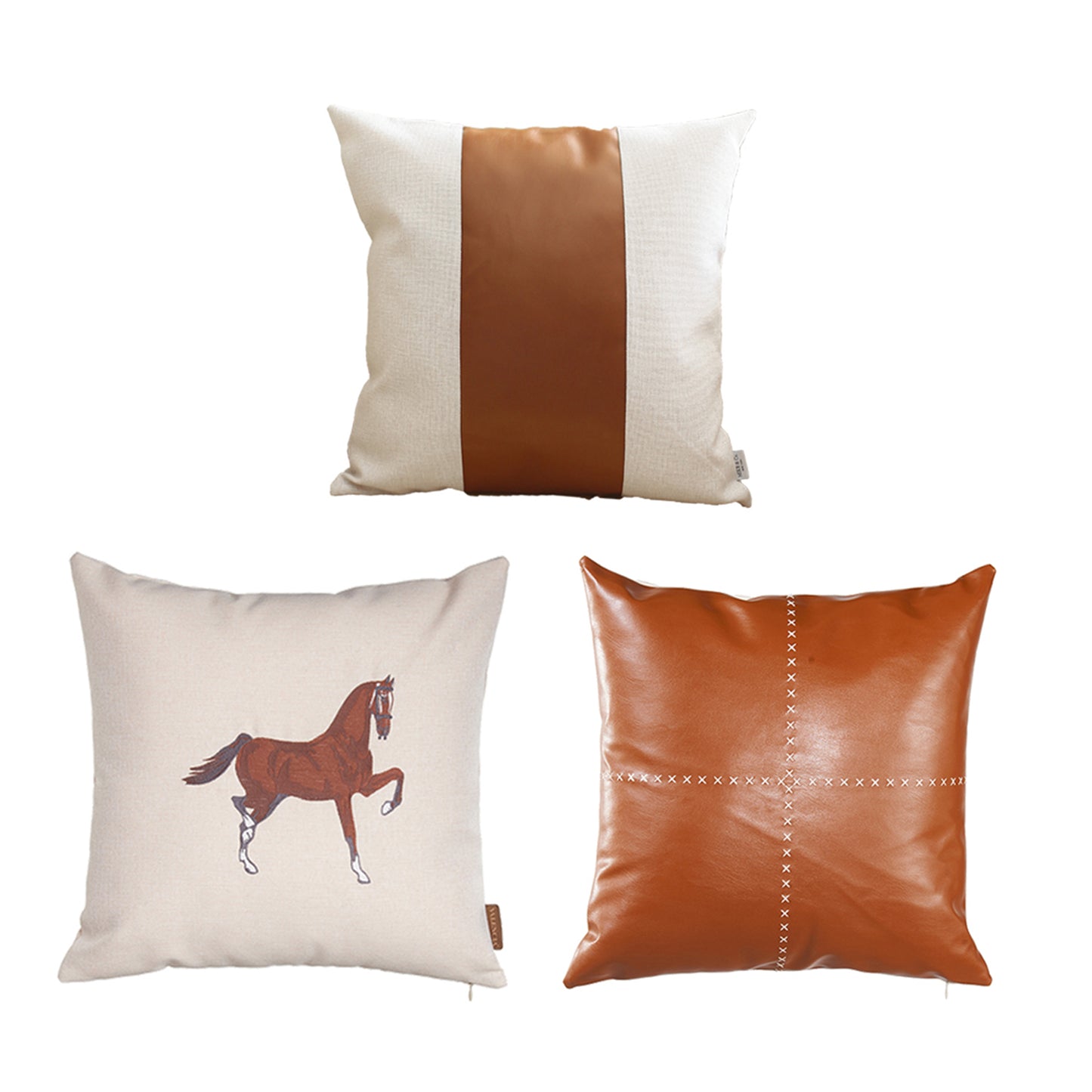 Boho Embroidered Horse Set of 3 Throw Pillow 18" x 18" Vegan Faux Leather Solid Beige & Brown Square for Couch, Bedding