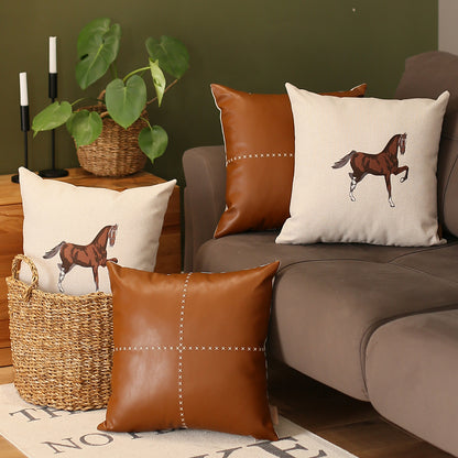 Boho Embroidered Horse Set of 4 Throw Pillow 18" x 18" Vegan Faux Leather Solid Beige & Brown Square for Couch, Bedding