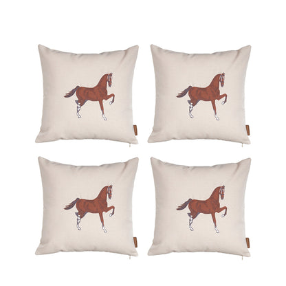 Boho Embroidered Horse Set of 4 Throw Pillow 18" x 18" Solid Beige & Brown Square for Couch, Bedding