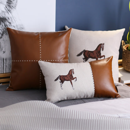 Country Embroidered Horse Boho Set of 2 Throw Pillow Cover 12" x 20" Vegan Faux Leather Solid Beige & Brown Square for Couch, Bedding