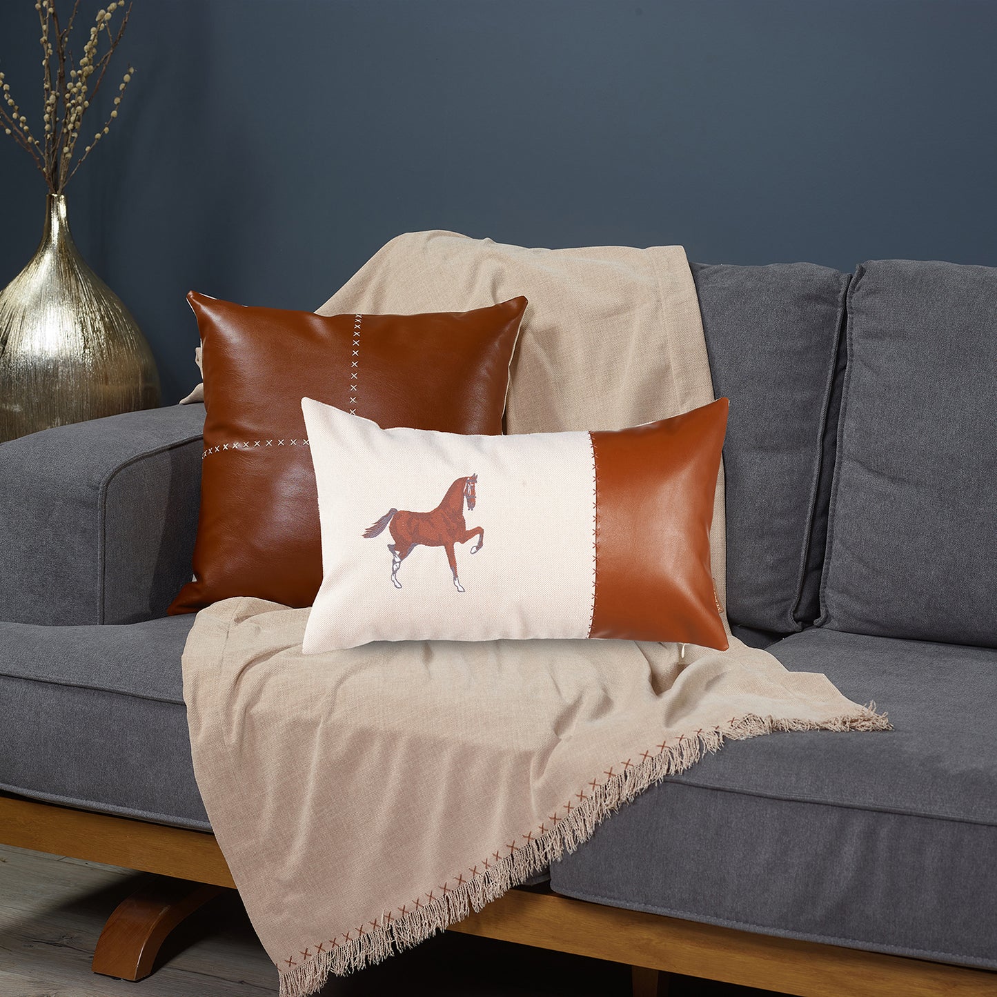 Country Embroidered Horse Boho Set of 2 Throw Pillow Cover 12" x 20" & 18" x 18" Vegan Faux Leather Solid Beige & Brown for Couch, Bedding