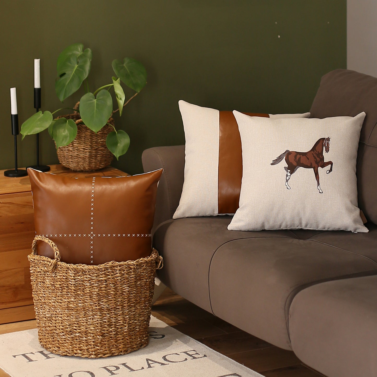 Country Embroidered Horse Boho Set of 3 Throw Pillow Cover 18" x 18" Vegan Faux Leather Solid Beige & Brown Square for Couch, Bedding