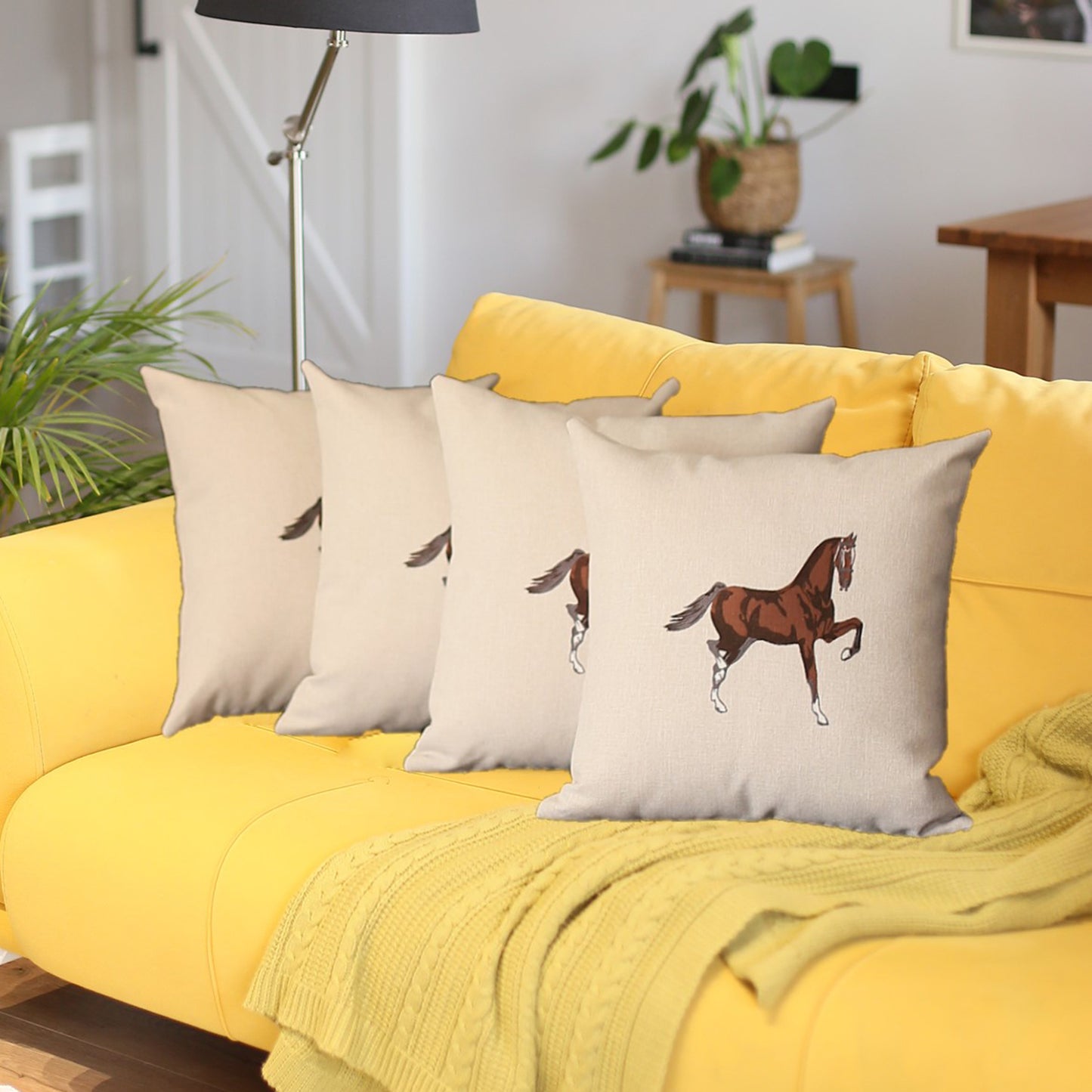 Country Embroidered Horse Boho Set of 4 Throw Pillow Cover 18" x 18" Solid Beige & Brown Square for Couch, Bedding