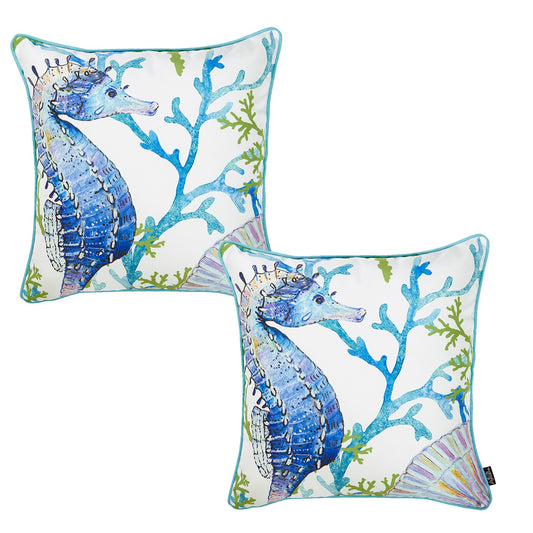 Nautical Coastal Decorative Set of 2 Throw Pillow Covers 18" x 18" Square White & Blue