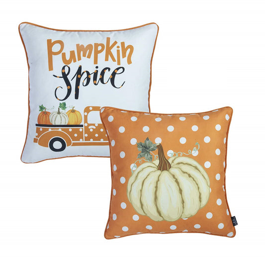 Decorative Fall Thanksgiving Throw Pillow Cover Set of 2 18" x 18" Orange & White Square for Couch, Bedding