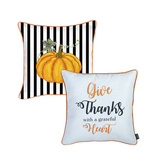 Decorative Fall Thanksgiving Throw Pillow Cover Set of 2 18" x 18" Orange & White, Black Square for Couch, Bedding