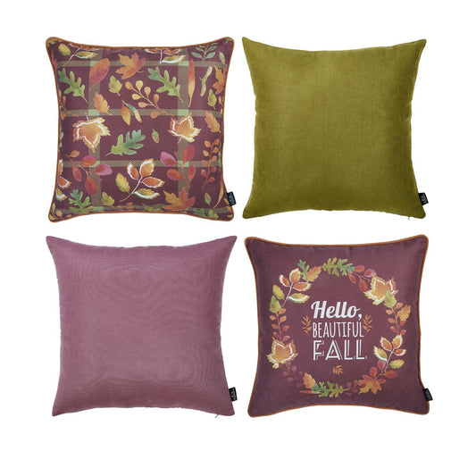 Decorative Fall Thanksgiving Throw Pillow Cover Set of 4 18" x 18" Orange, Purple & Green Square for Couch, Bedding