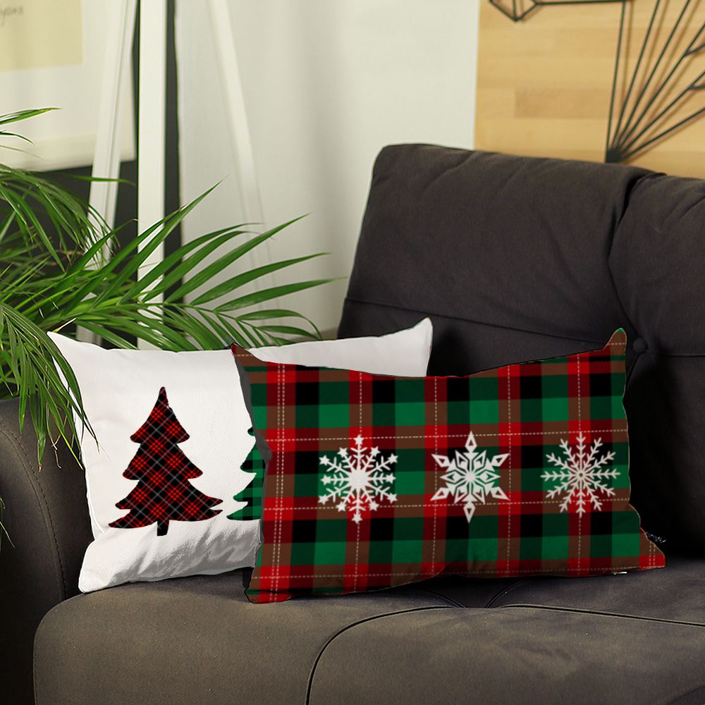 Decorative Christmas Tree & Plaid Throw Pillow Cover Set of 2 Lumbar 12" x 20" White & Red for Couch, Bedding