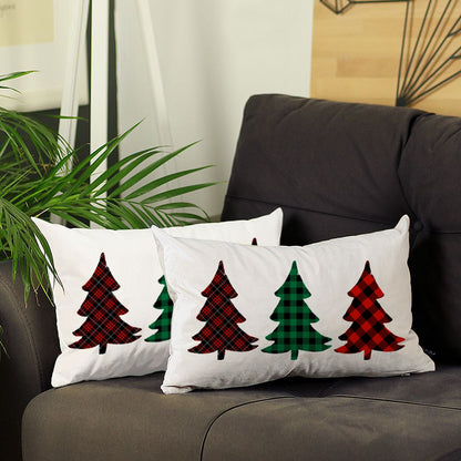 Decorative Christmas Tree Throw Pillow Cover Set of 2 Lumbar 12" x 20" White & Red for Couch, Bedding