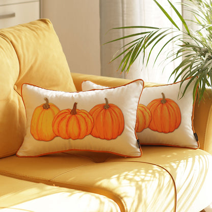 Decorative Fall Thanksgiving Throw Pillow Cover Set of 2 Pumpkins 12" x 20" White & Orange Lumbar for Couch, Bedding