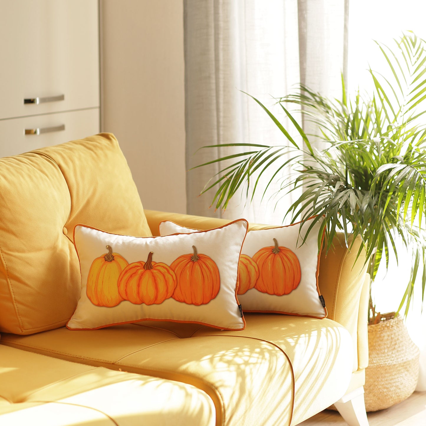 Decorative Fall Thanksgiving Throw Pillow Cover Set of 2 Pumpkins 12" x 20" White & Orange Lumbar for Couch, Bedding